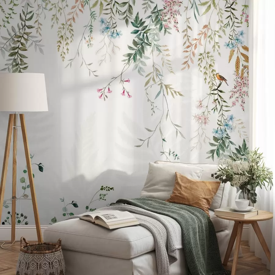 Fototapetes Botāniska ilustrācija ar papardēm, zāli un piekārtiem augiem, pasteļtoņos, uz balta fona, akvareļa tekstūras stilā w09364