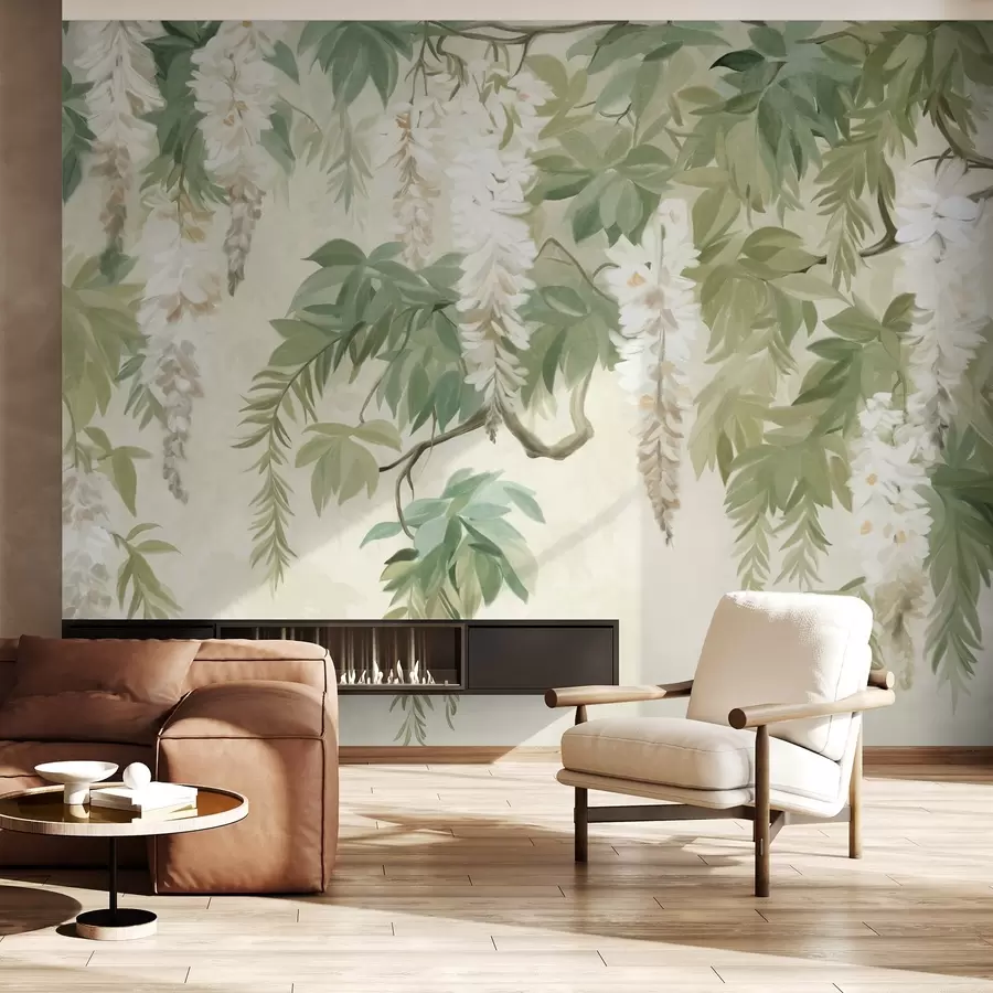 Fototapetes Vistērijas zari ar baltiem ziediem un zaļām lapām, zaļš fons, teksturēts vintage glezniecības stils w09375