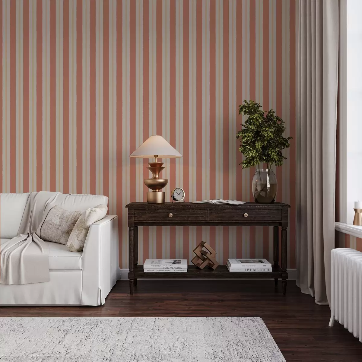 Tapetes Spilgtas terakotas svītras ar smilškrāsas akcentiem a00515