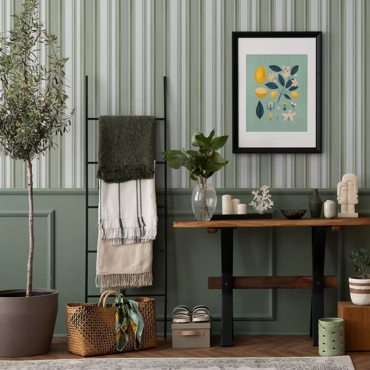 Tapetes Zaļās svītras ar baltiem intervāliem un plānām līnijām a00526