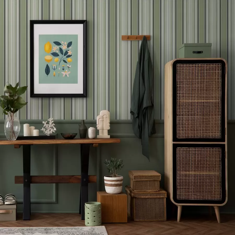 Fototapetes Krēmkrāsas fons ar zaļām un melnām svītrām a00563