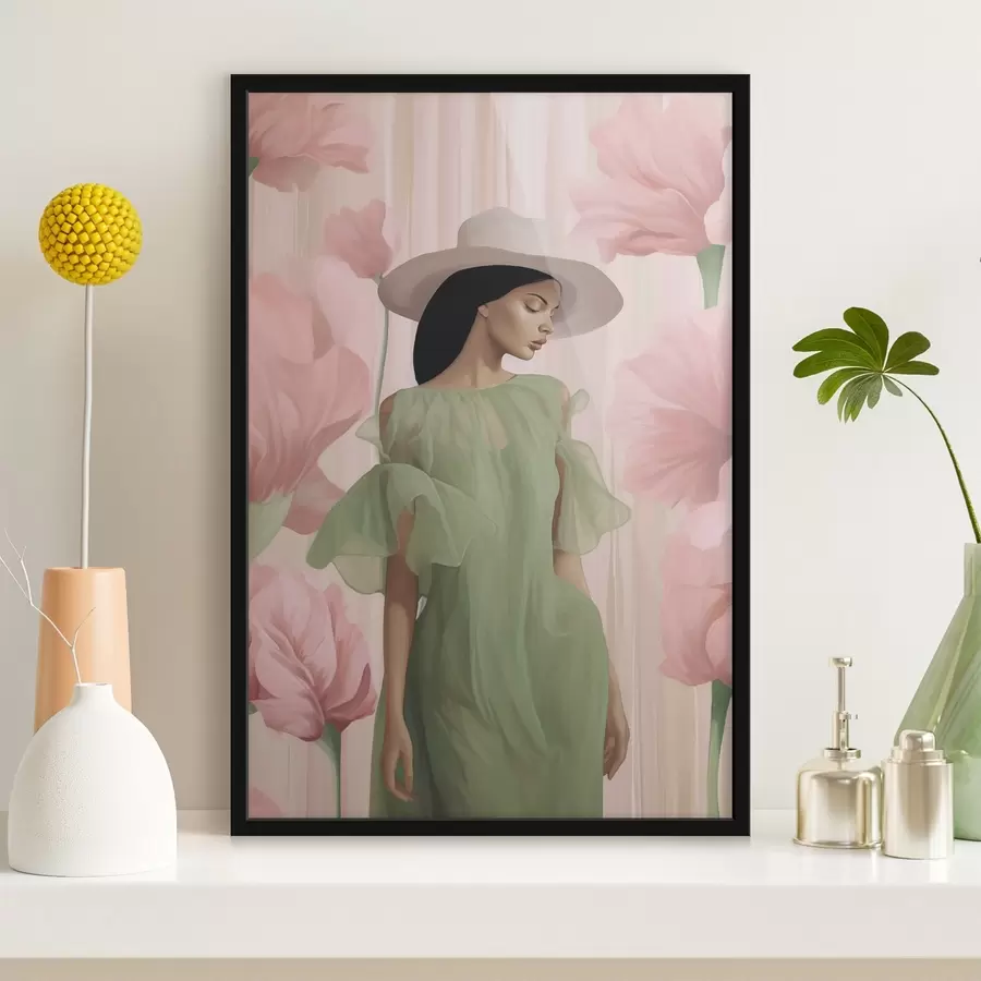 Fototapetes Meitene cepurē starp ziediem f45678