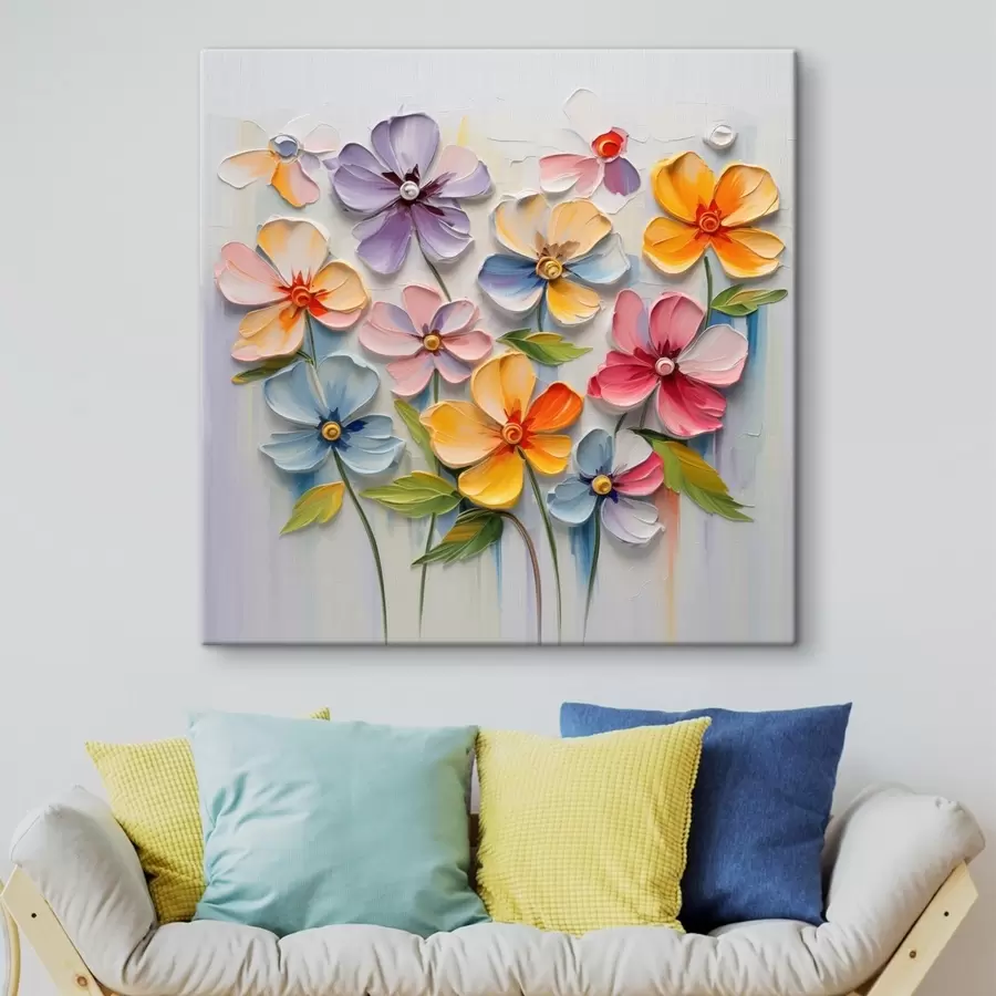 Glezna Ziedu klusā daba: daudzkrāsaini ziedi impasto tehnikā s45598