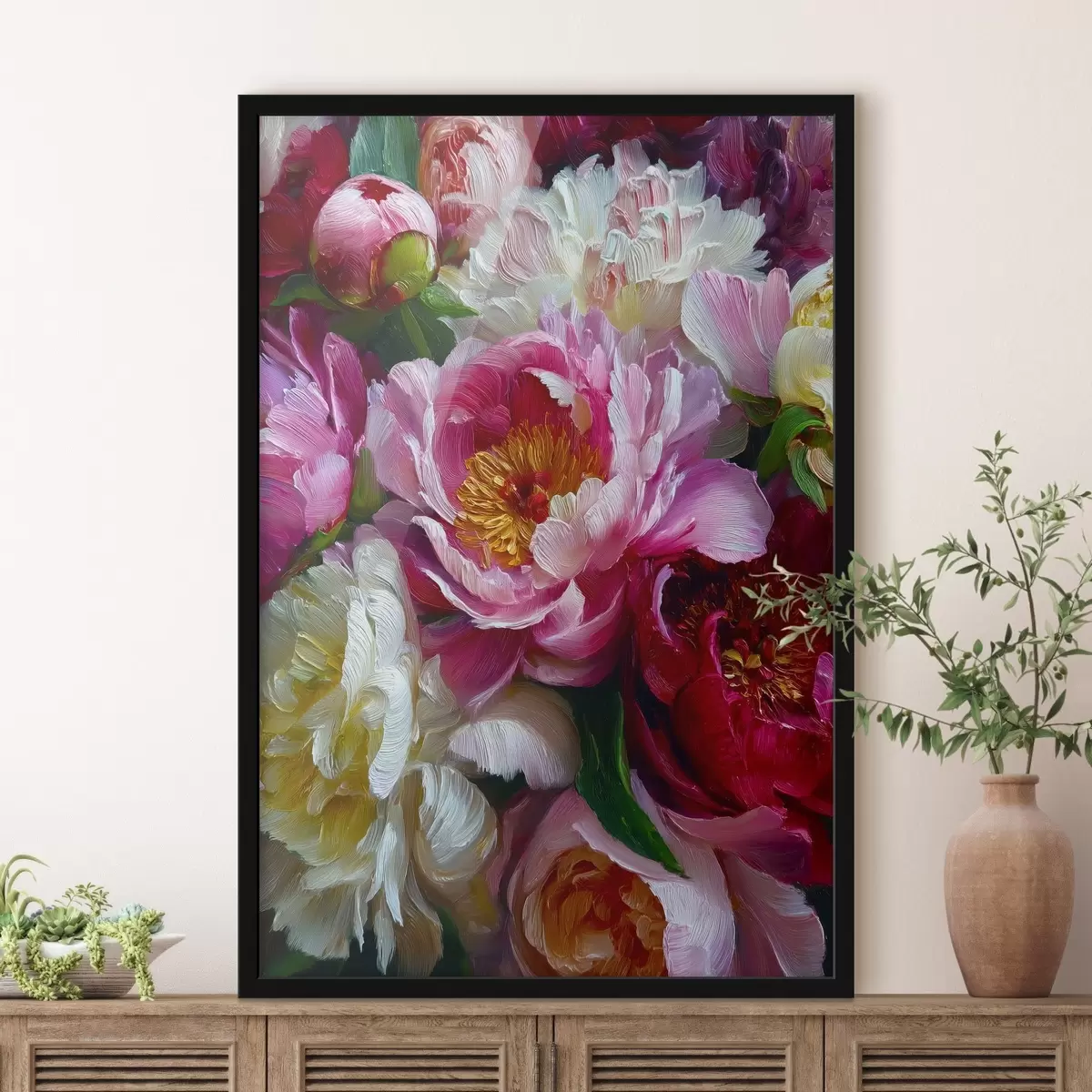 Plakāts Sulīgas peonijas impasto tehnikā f45595