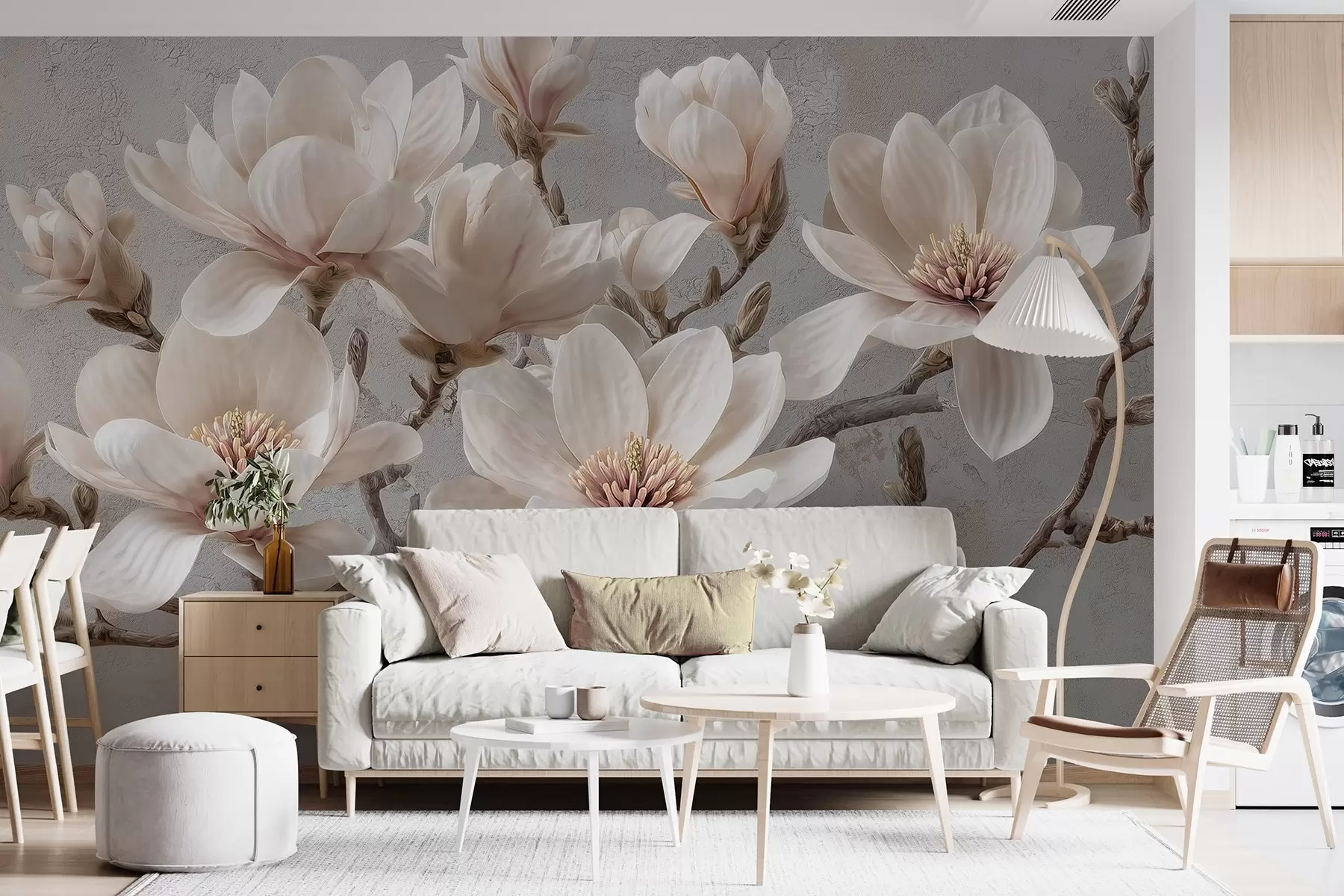 Fototapetes Magnolijas zari ar lieliem gaišiem ziediem pieklusinātos toņos w09305