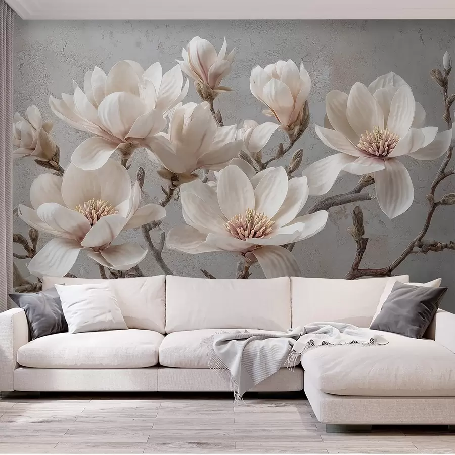 Fototapetes Magnolijas zari ar lieliem gaišiem ziediem pieklusinātos toņos w09305