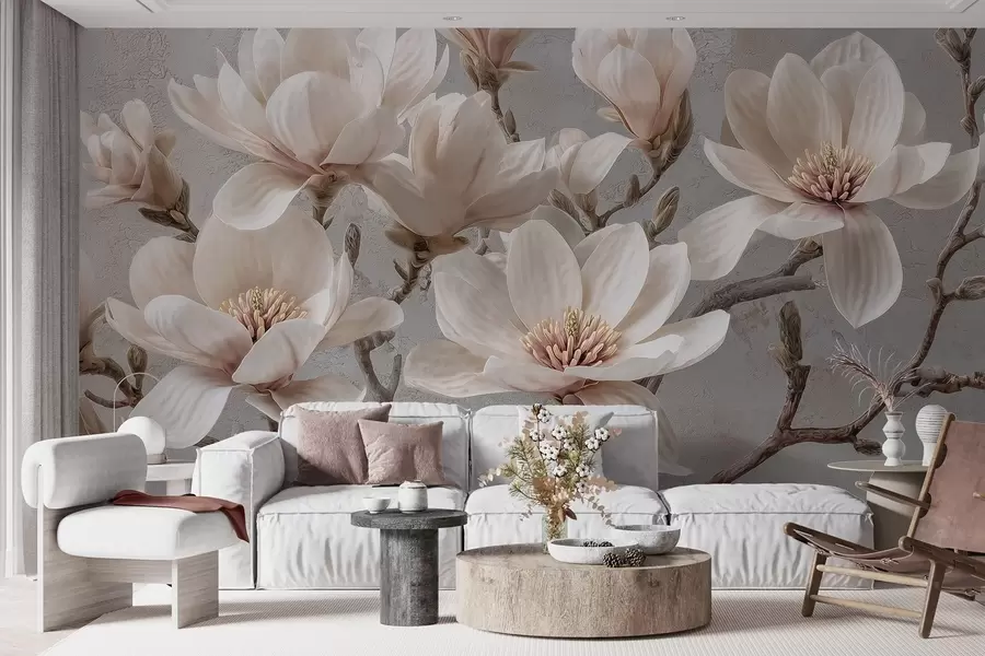 Fototapetes Magnolijas zari ar lieliem gaišiem ziediem pieklusinātos toņos w09305