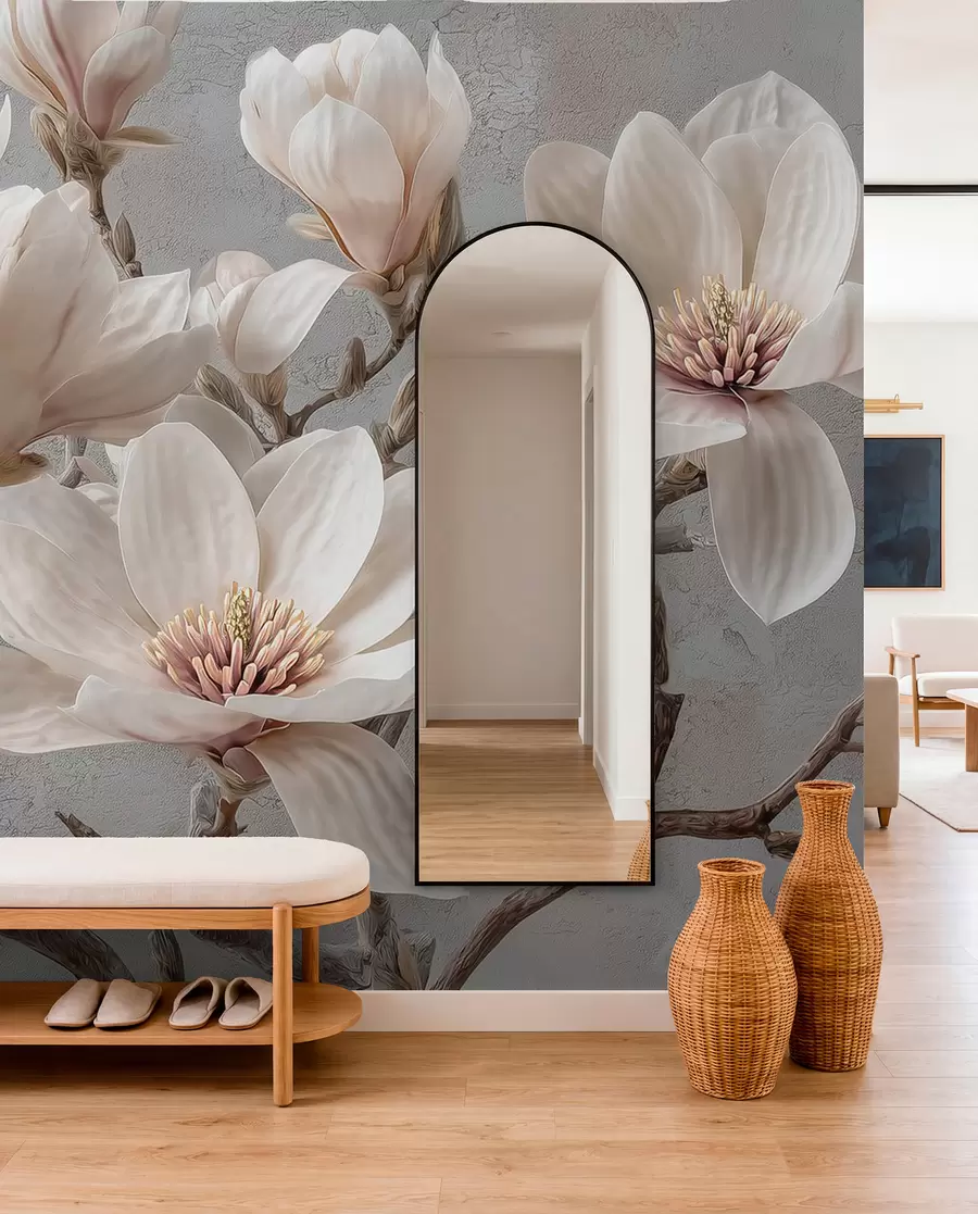 Fototapetes Magnolijas zari ar lieliem gaišiem ziediem pieklusinātos toņos w09305