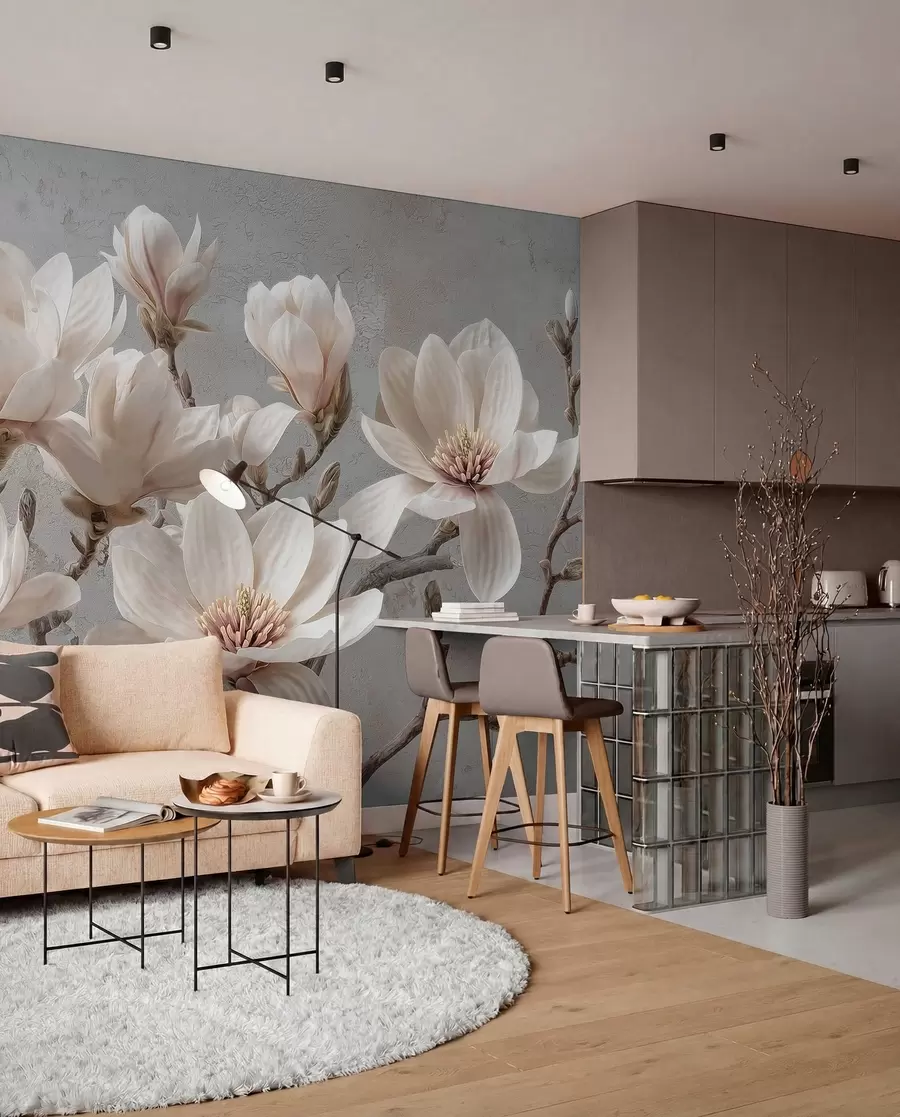 Fototapetes Magnolijas zari ar lieliem gaišiem ziediem pieklusinātos toņos w09305