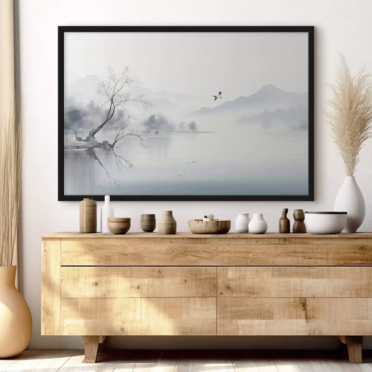 Plakāts Miglaina ainava ar koku, kalniem un putniem f45518