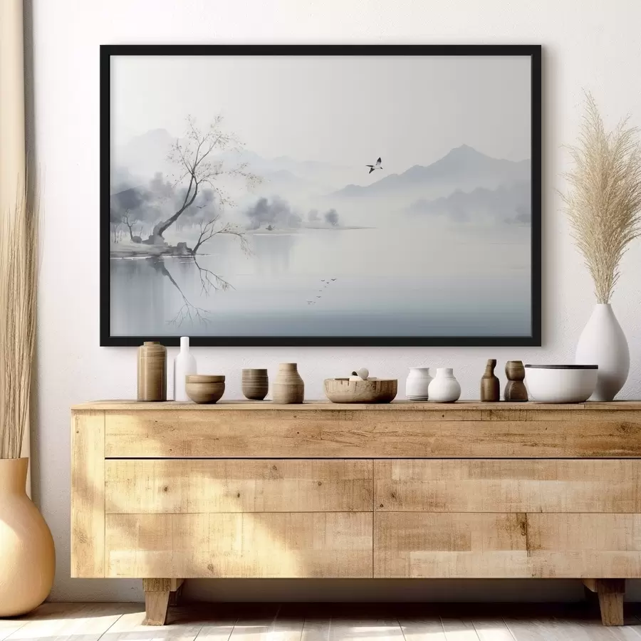 Fototapetes Miglaina ainava ar koku, kalniem un putniem f45518