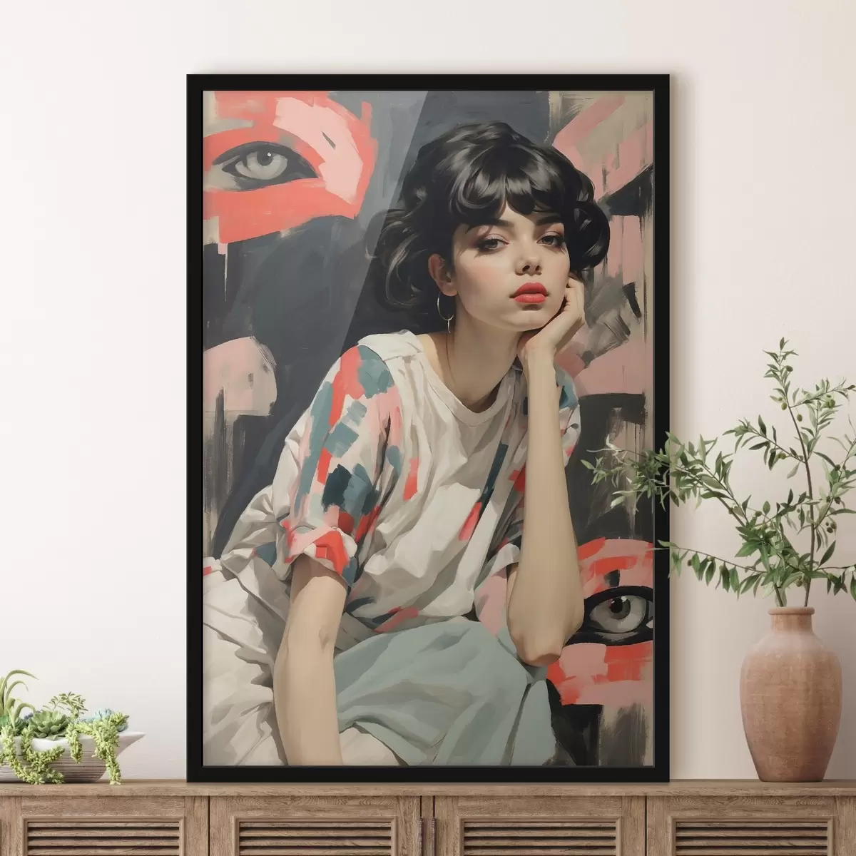 Plakāts Meitenes portrets uz fona ar acīm un abstraktiem triepieniem f45623