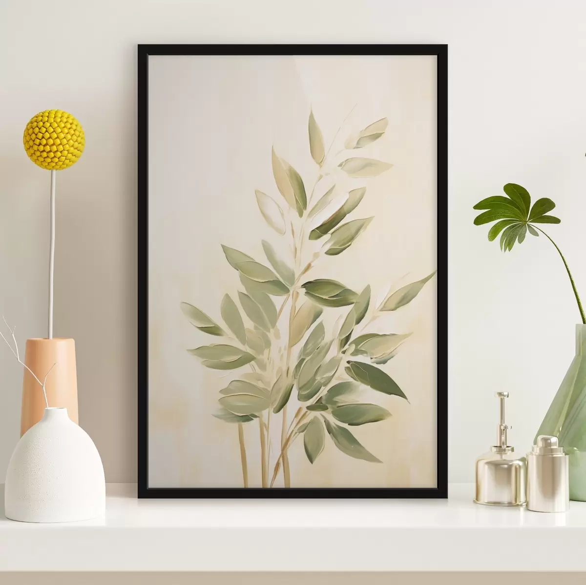 Plakāts Zariņš ar zaļām lapām uz gaiši bēša fona f45689