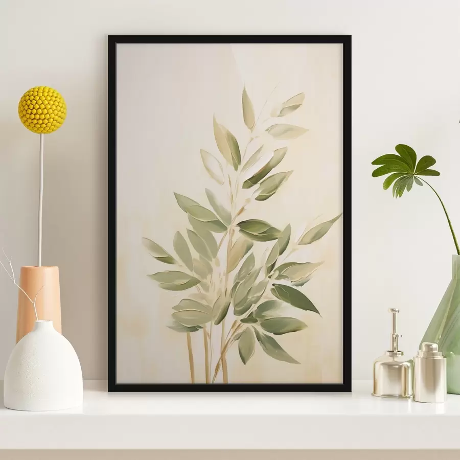 Fototapetes Zariņš ar zaļām lapām uz gaiši bēša fona f45689