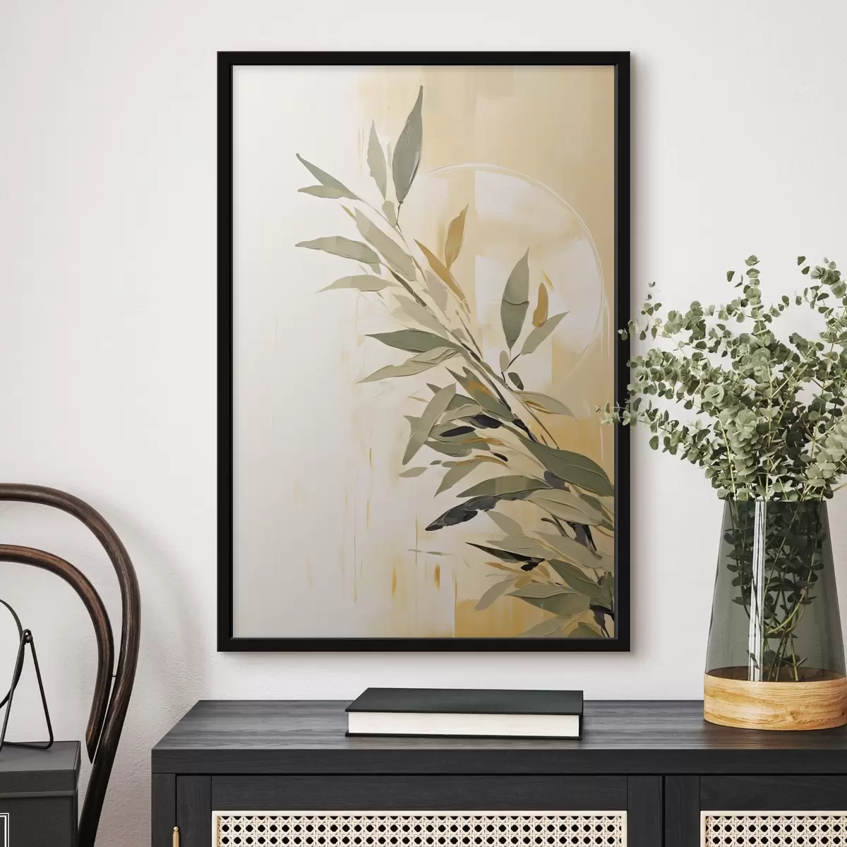 Plakāts Botāniskais zars ar zaļām lapām uz silta fona f45690