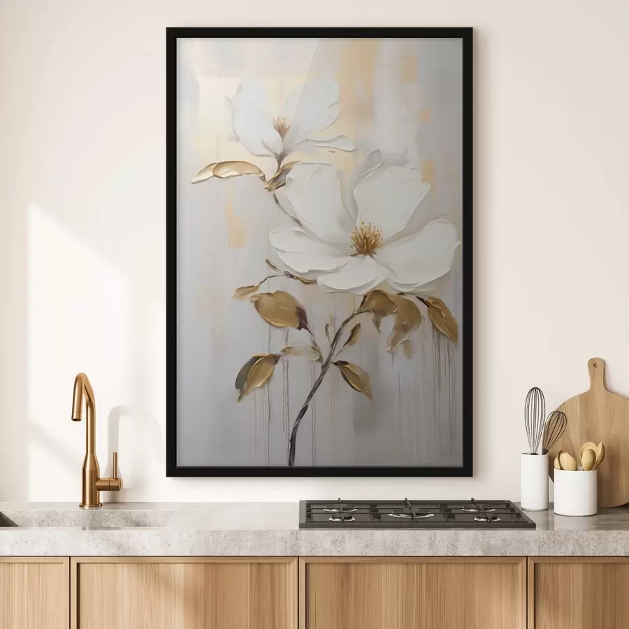 Fototapetes Divi balti ziedi ar dzeltenīgi oranžām lapām uz gaiša fona f45691