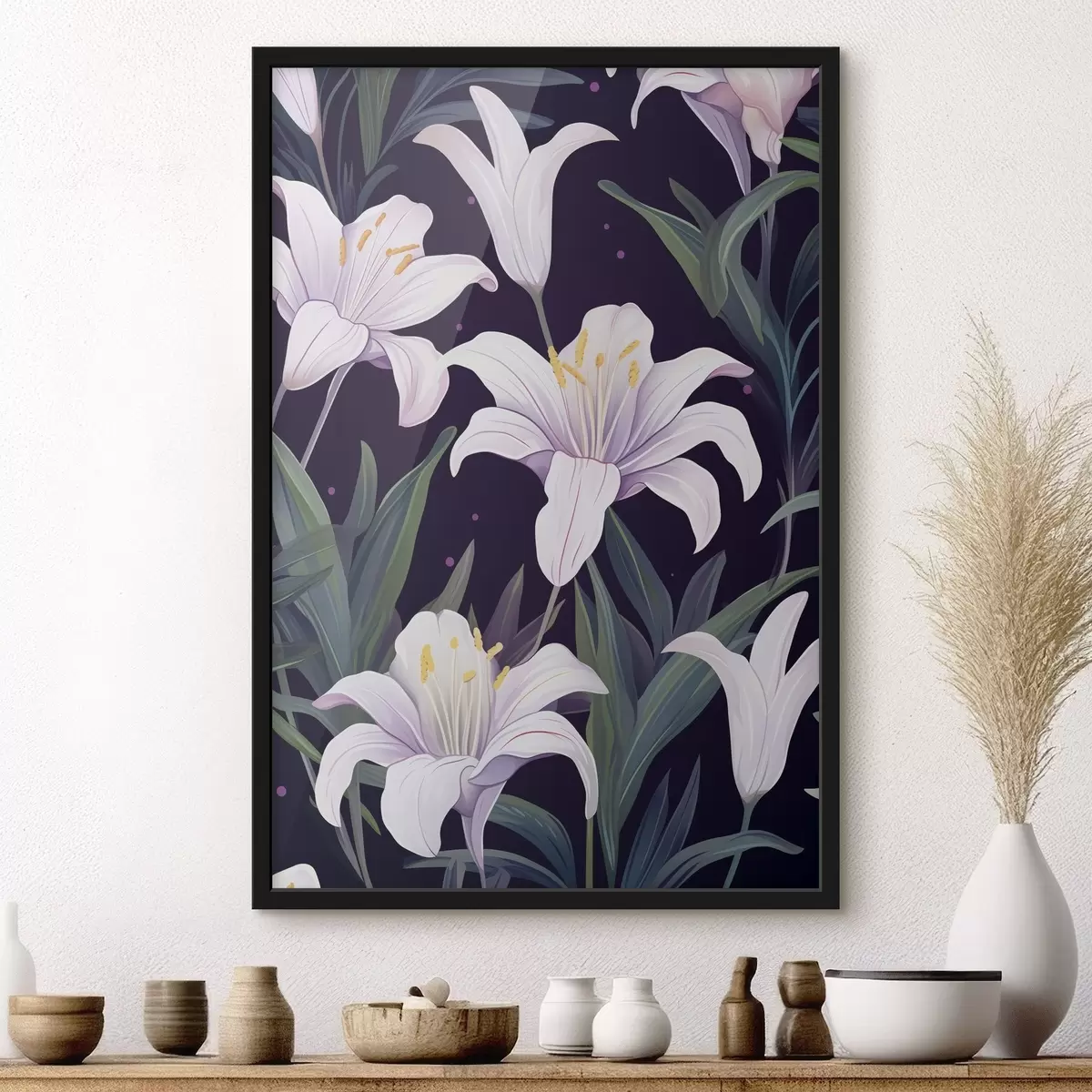 Plakāts Delikātas lilijas uz tumša fona ar zaļām lapām f45697