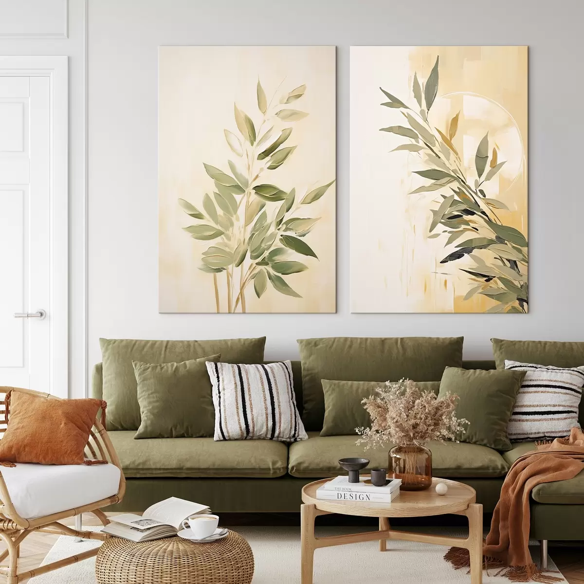 Glezna Botāniskais zars ar zaļām lapām uz silta fona m00686