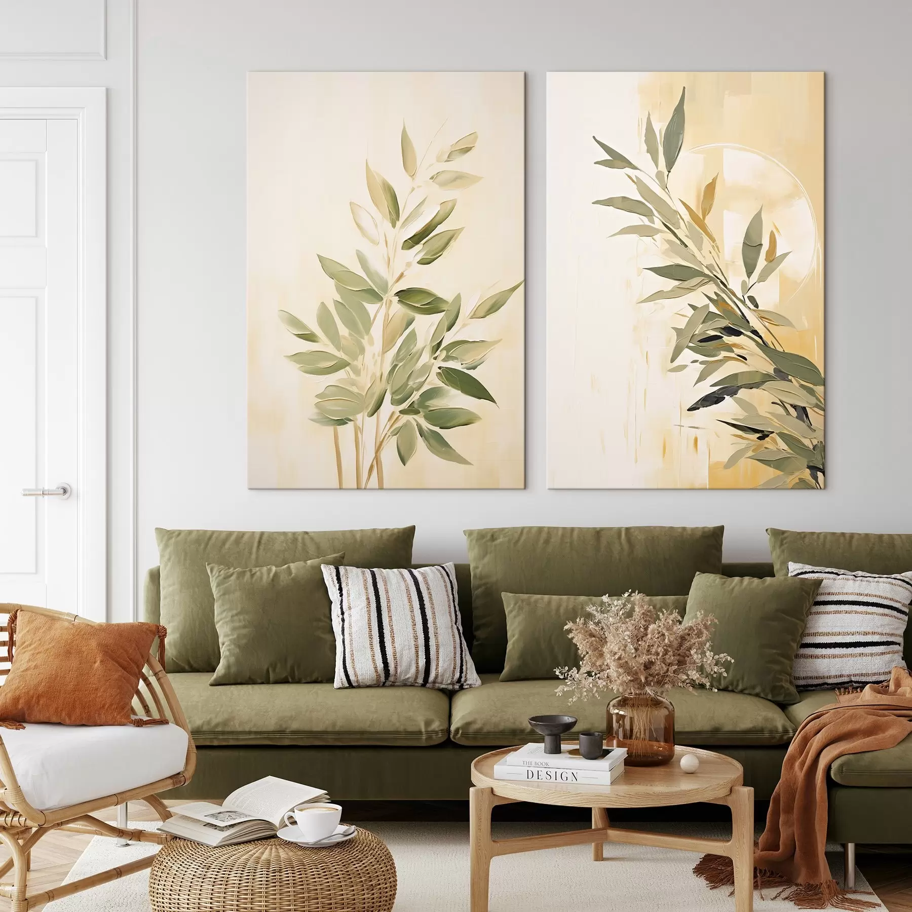 Glezna Botāniskais zars ar zaļām lapām uz silta fona m00686