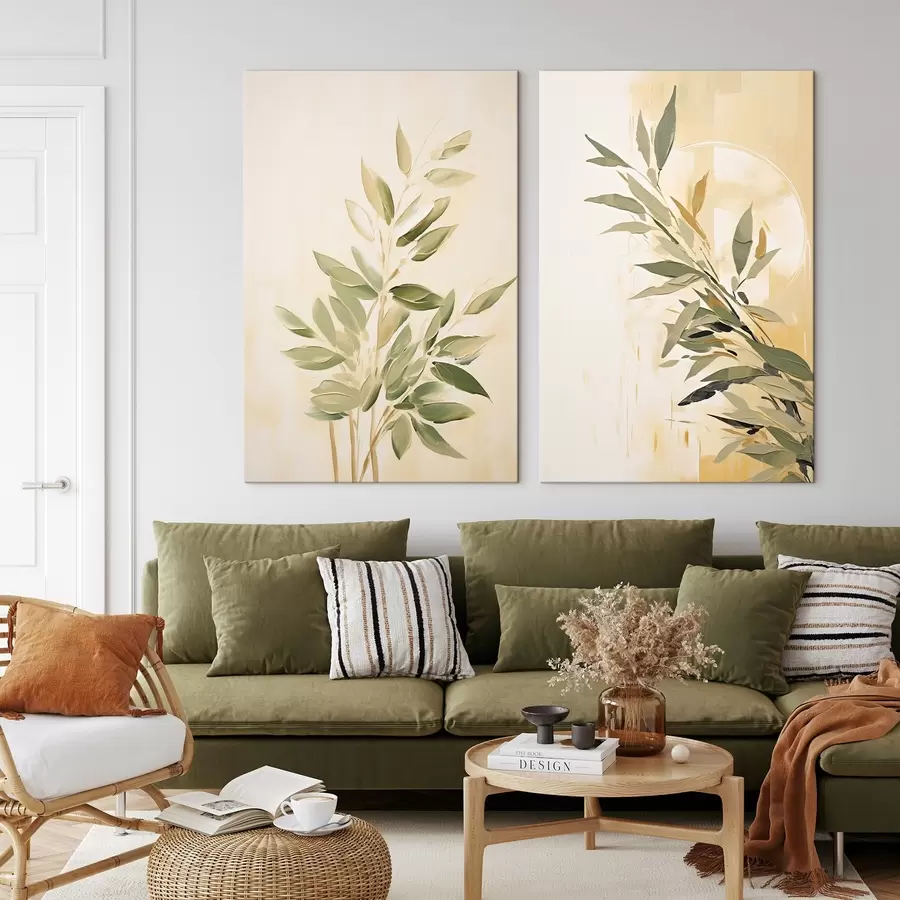 Glezna Botāniskais zars ar zaļām lapām uz silta fona m00686