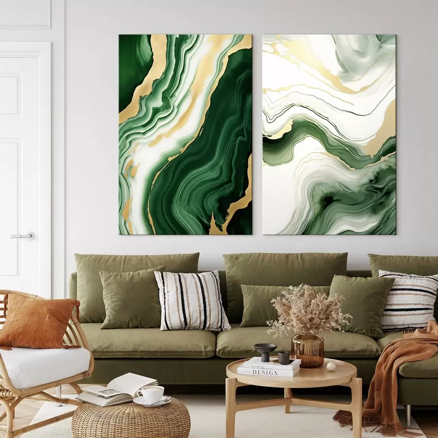 Glezna Zaļa un balta marmora tekstūra ar oranži dzeltenām dzīslām m00688