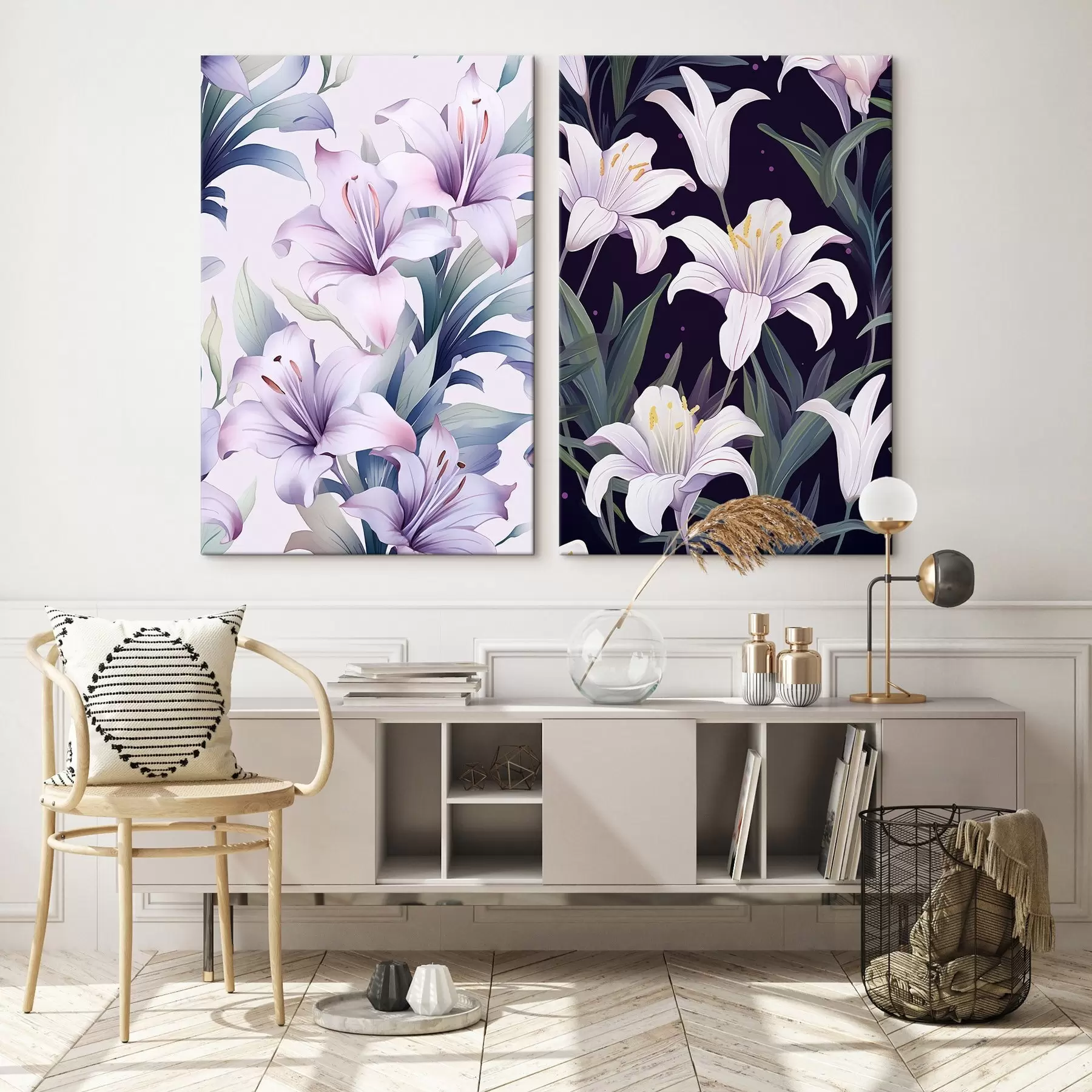 Glezna Maigi rozā lilijas ar zaļām lapām uz gaiša un tumša fona m00689