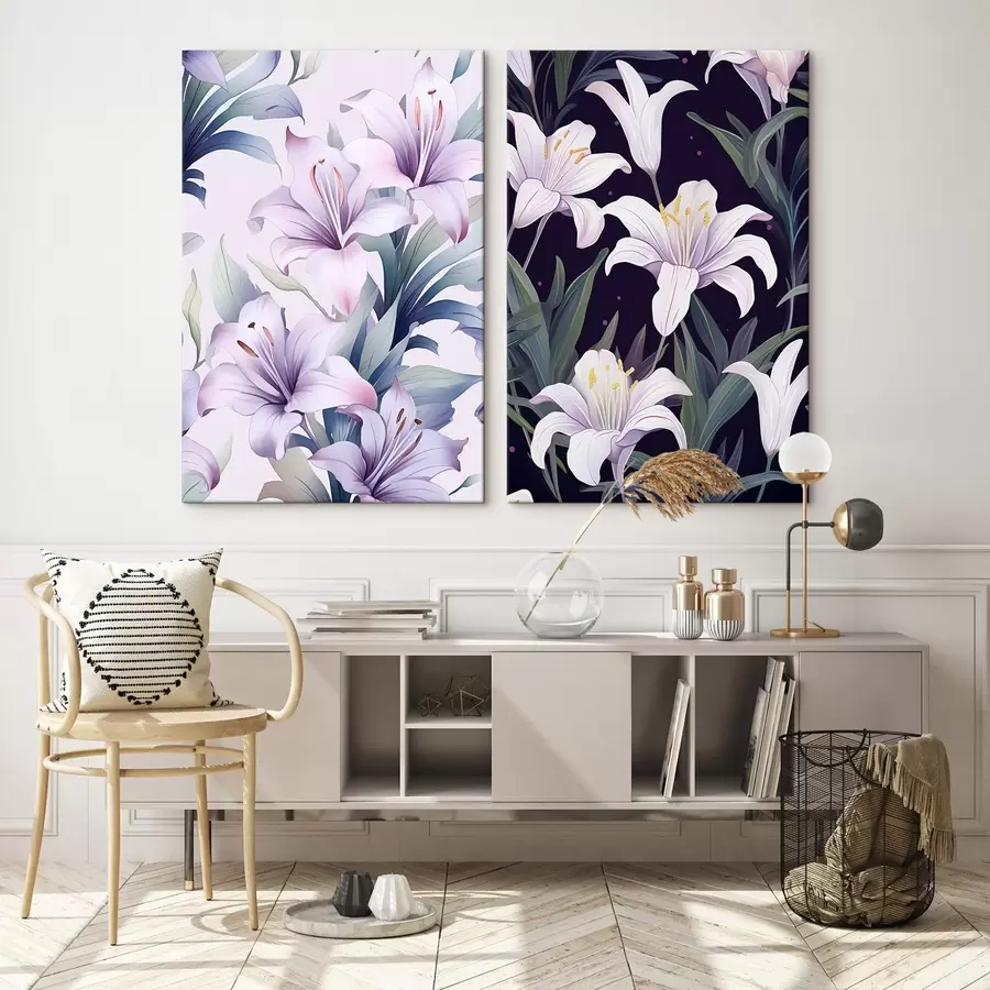 Glezna Maigi rozā lilijas ar zaļām lapām uz gaiša un tumša fona m00689