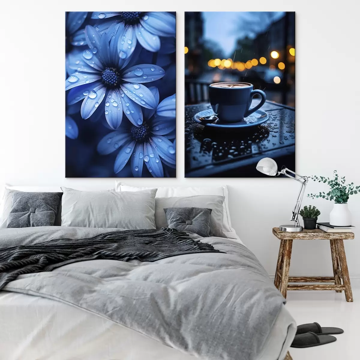 Glezna Zili ziedi ar ūdens pilieniem un kafijas tasi lietū m00694