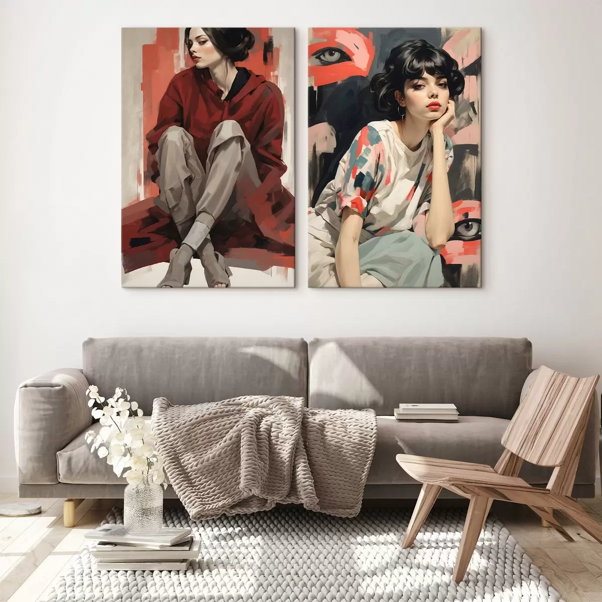 Glezna Meiteņu portreti sarkanā un bēšā abstraktā stilā m00695