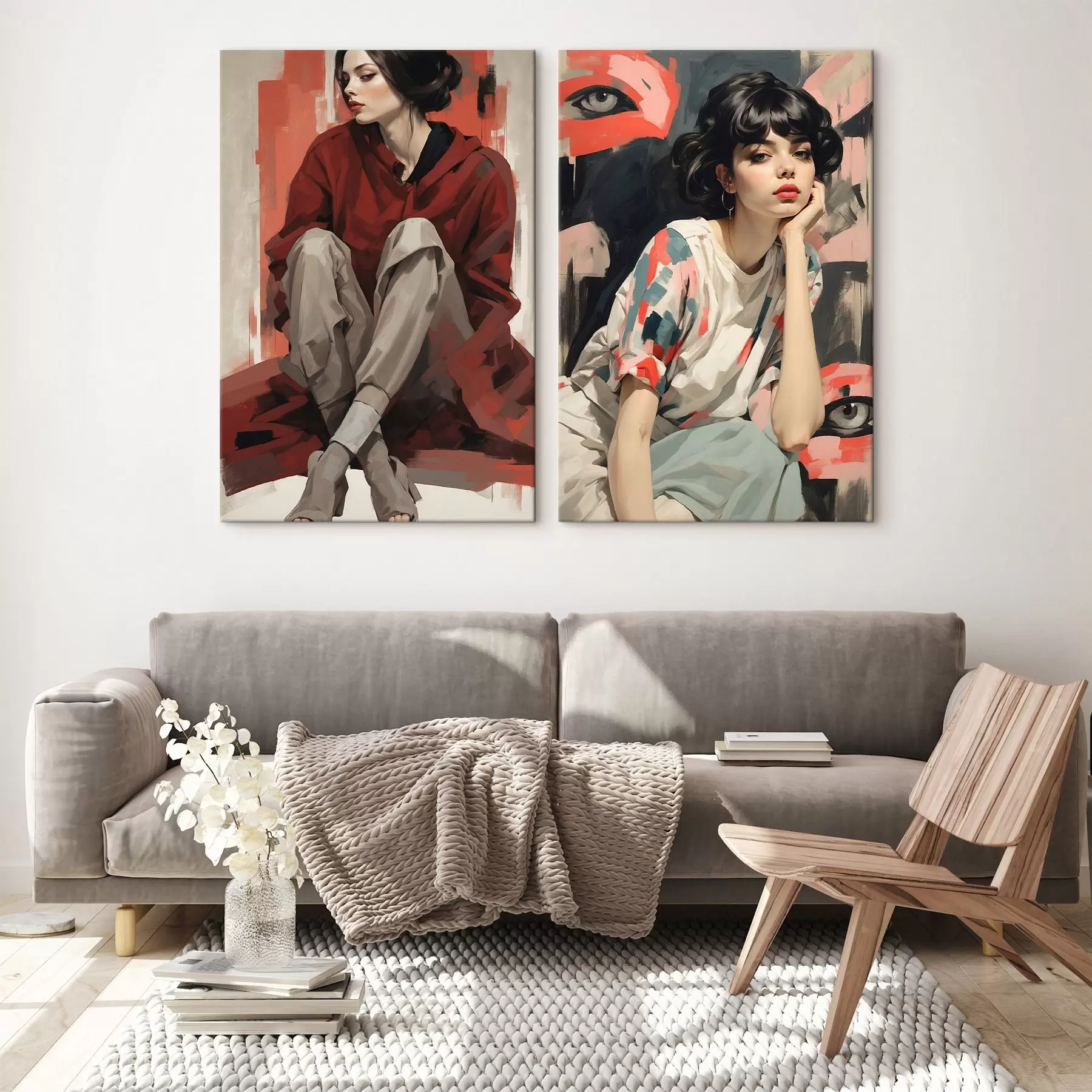 Glezna Meiteņu portreti sarkanā un bēšā abstraktā stilā m00695