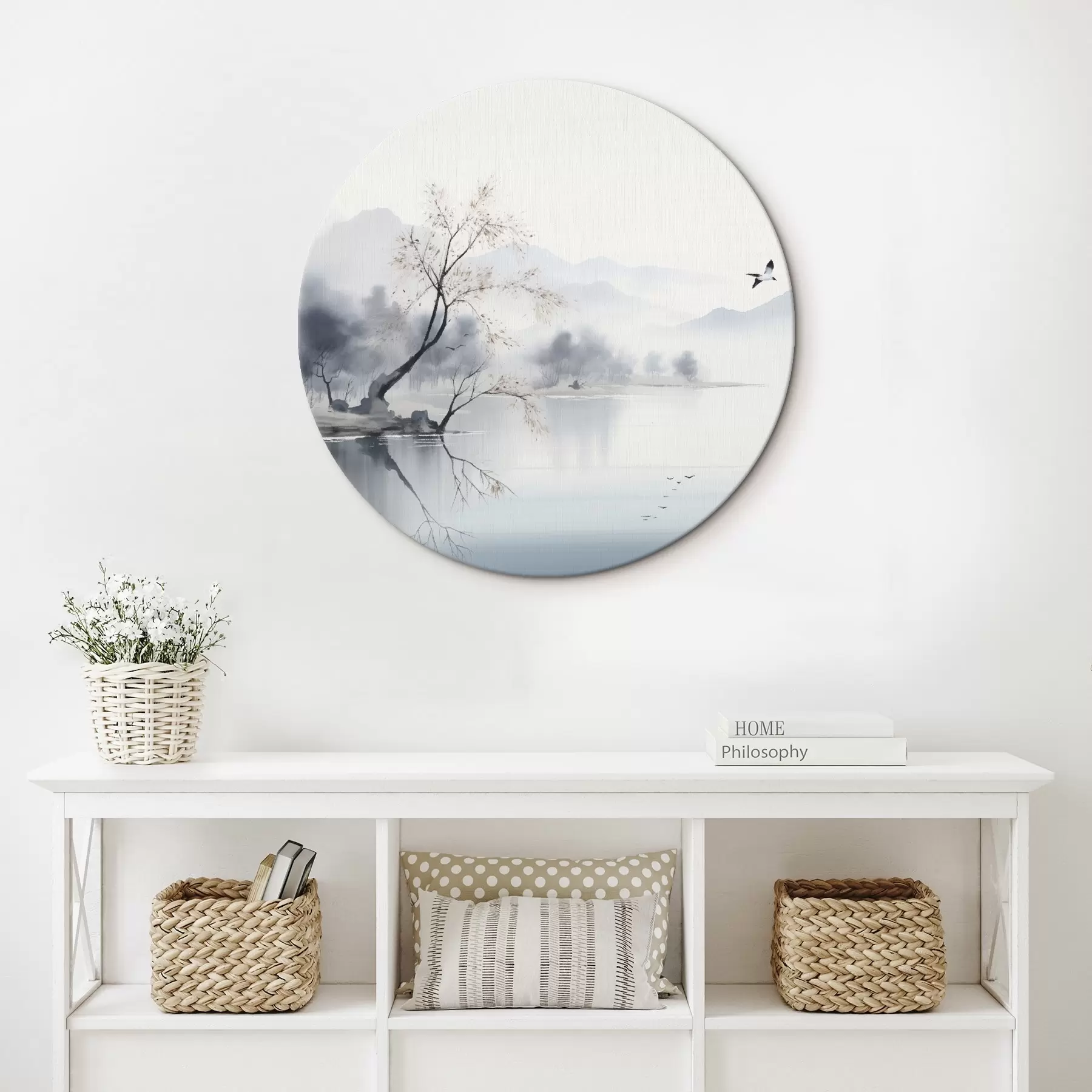 Glezna Miglaina ainava ar koku, kalniem un putniem r45518