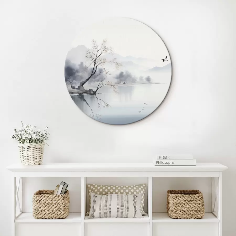 Glezna Miglaina ainava ar koku, kalniem un putniem r45518