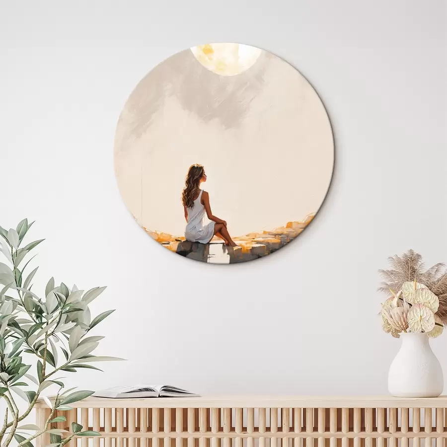 Glezna Meitene baltā kleitā sēž zem liela mēness r45621