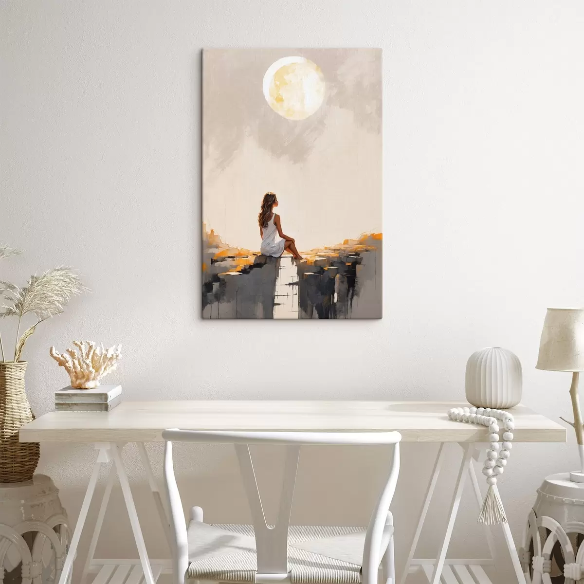 Glezna Meitene baltā kleitā sēž zem liela mēness s45621