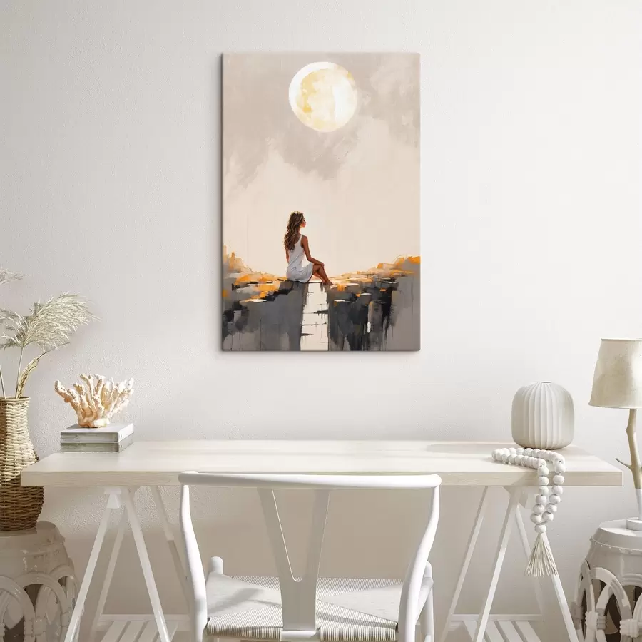 Glezna Meitene baltā kleitā sēž zem liela mēness s45621