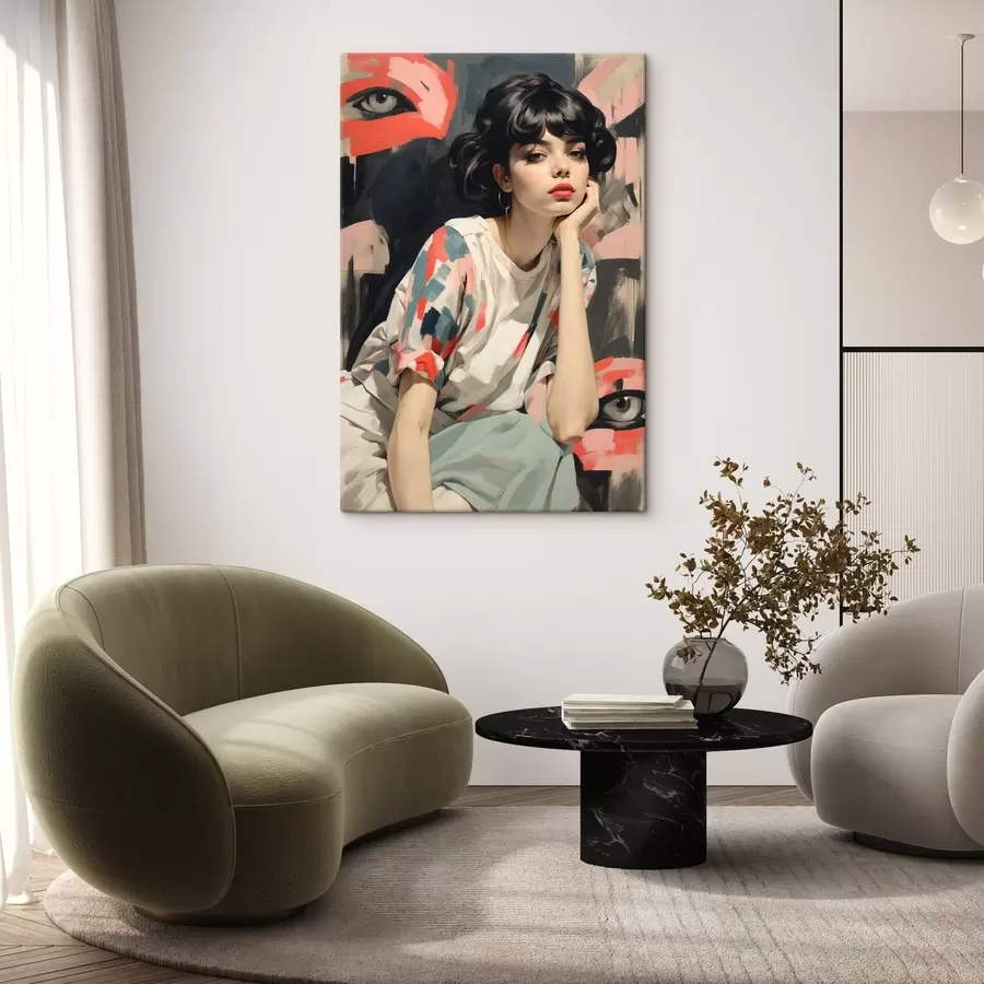 Glezna Meitenes portrets uz fona ar acīm un abstraktiem triepieniem s45623