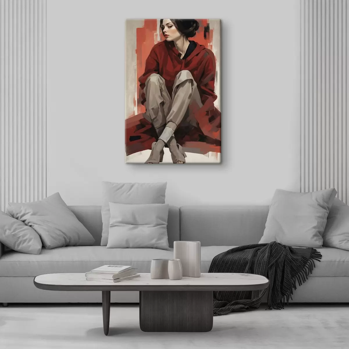 Glezna Meitene sarkanā apmetnī sēž ar salocītām kājām s45624