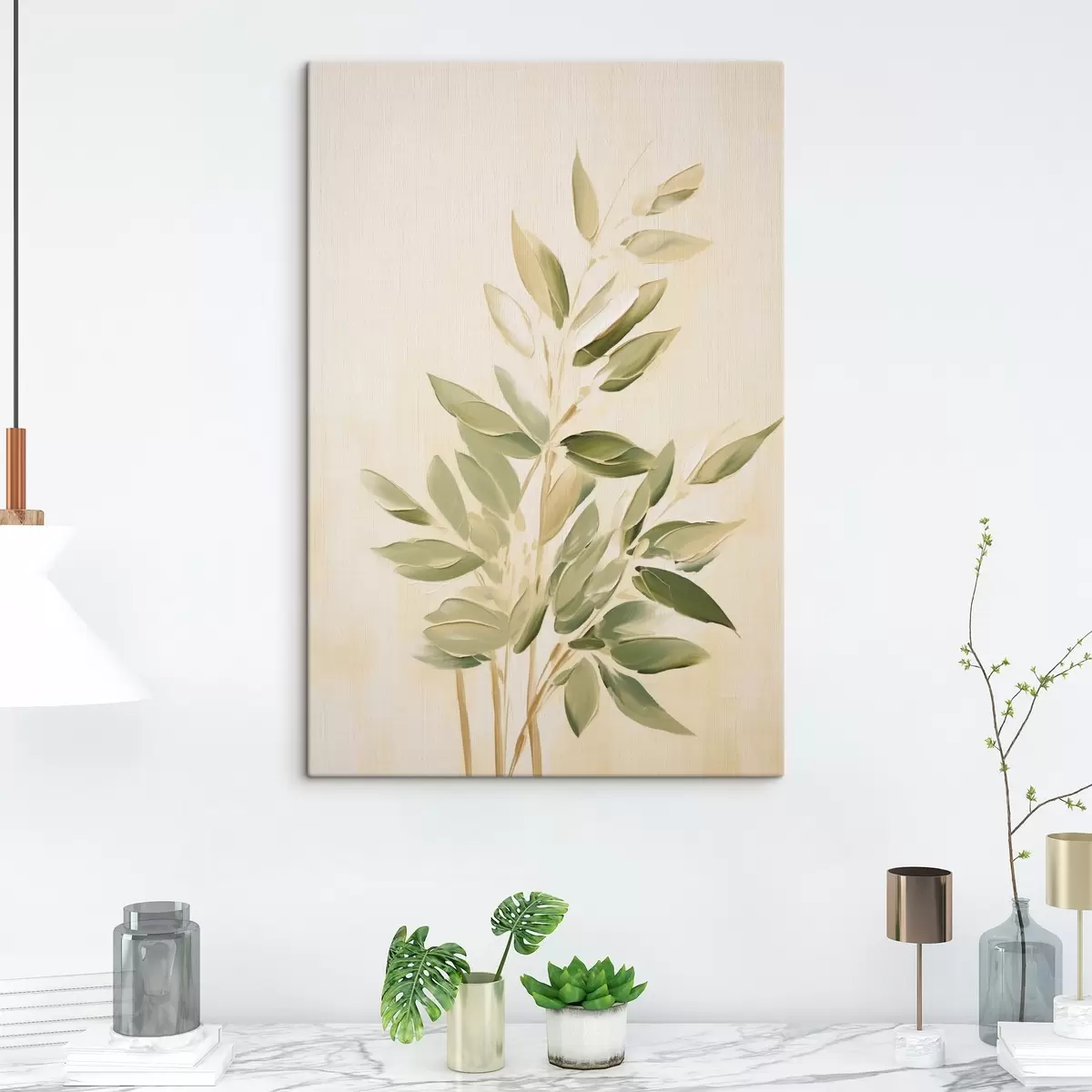 Glezna Zariņš ar zaļām lapām uz gaiši bēša fona s45689