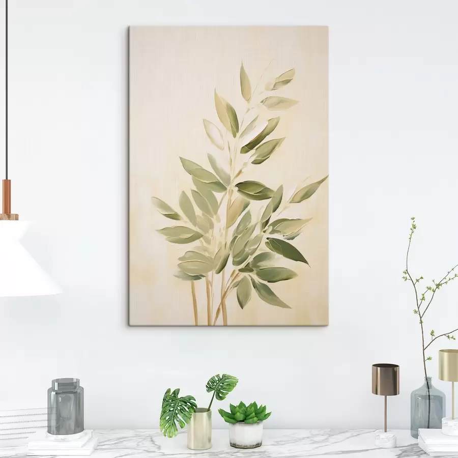 Glezna Zariņš ar zaļām lapām uz gaiši bēša fona s45689