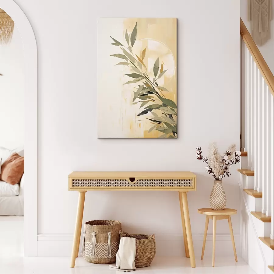 Glezna Botāniskais zars ar zaļām lapām uz silta fona s45690