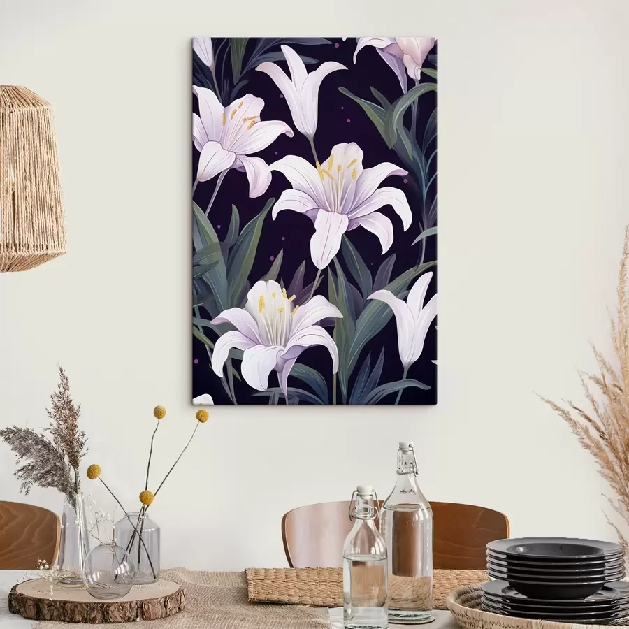 Glezna Delikātas lilijas uz tumša fona ar zaļām lapām s45697