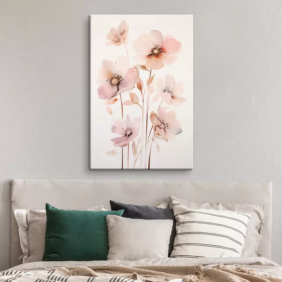 Glezna Akvareļu rozā ziedi uz plāniem kātiņiem s45701