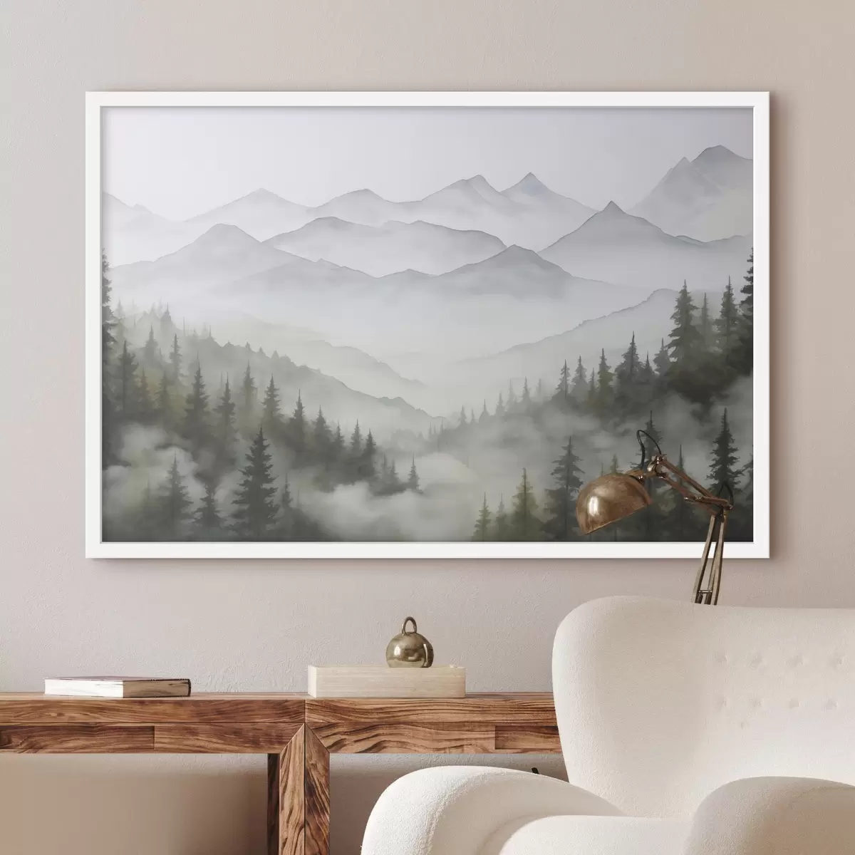 Plakāts Mežs miglā priekšā kalniem f45774