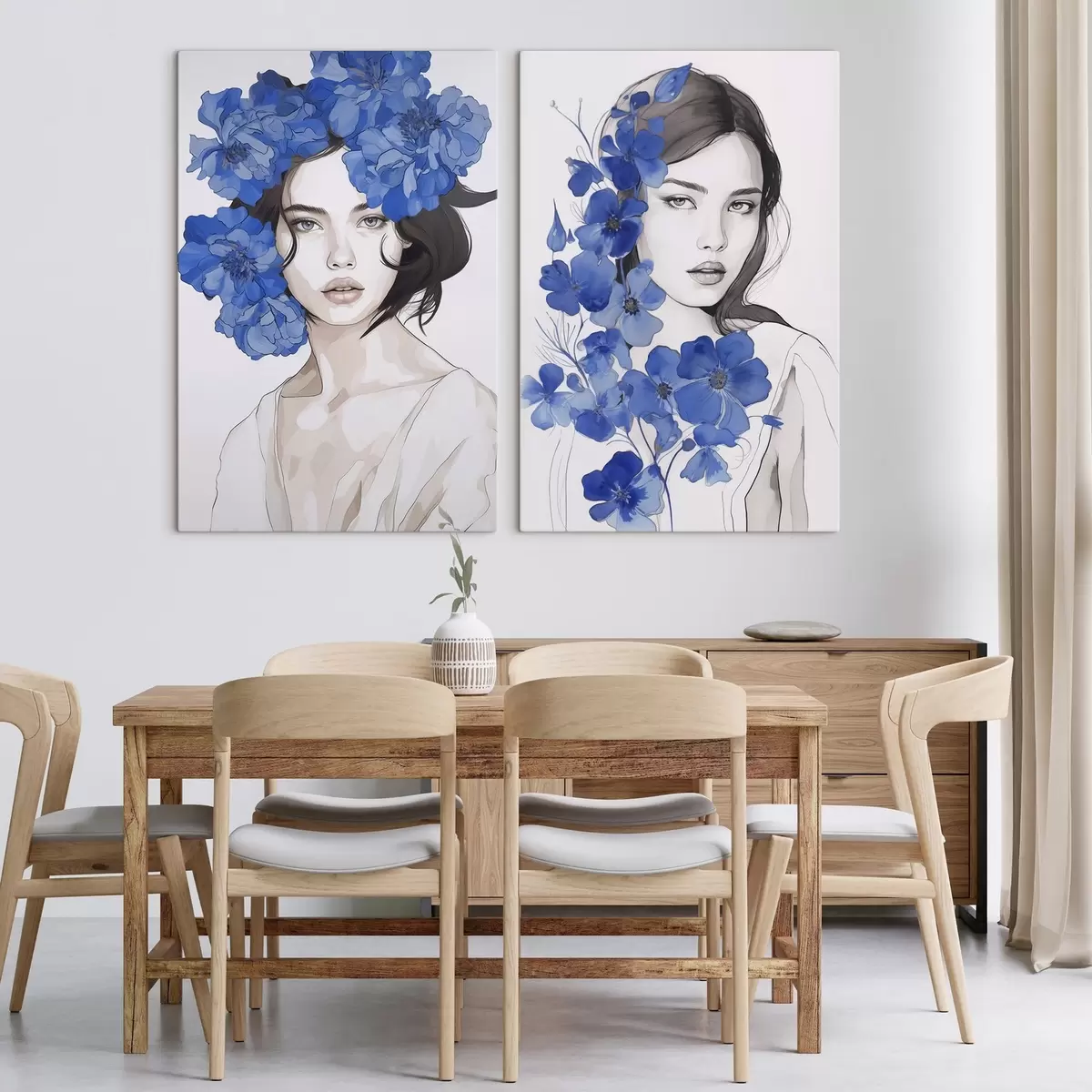 Glezna Meitenes portrets ar ziliem ziediem m00721