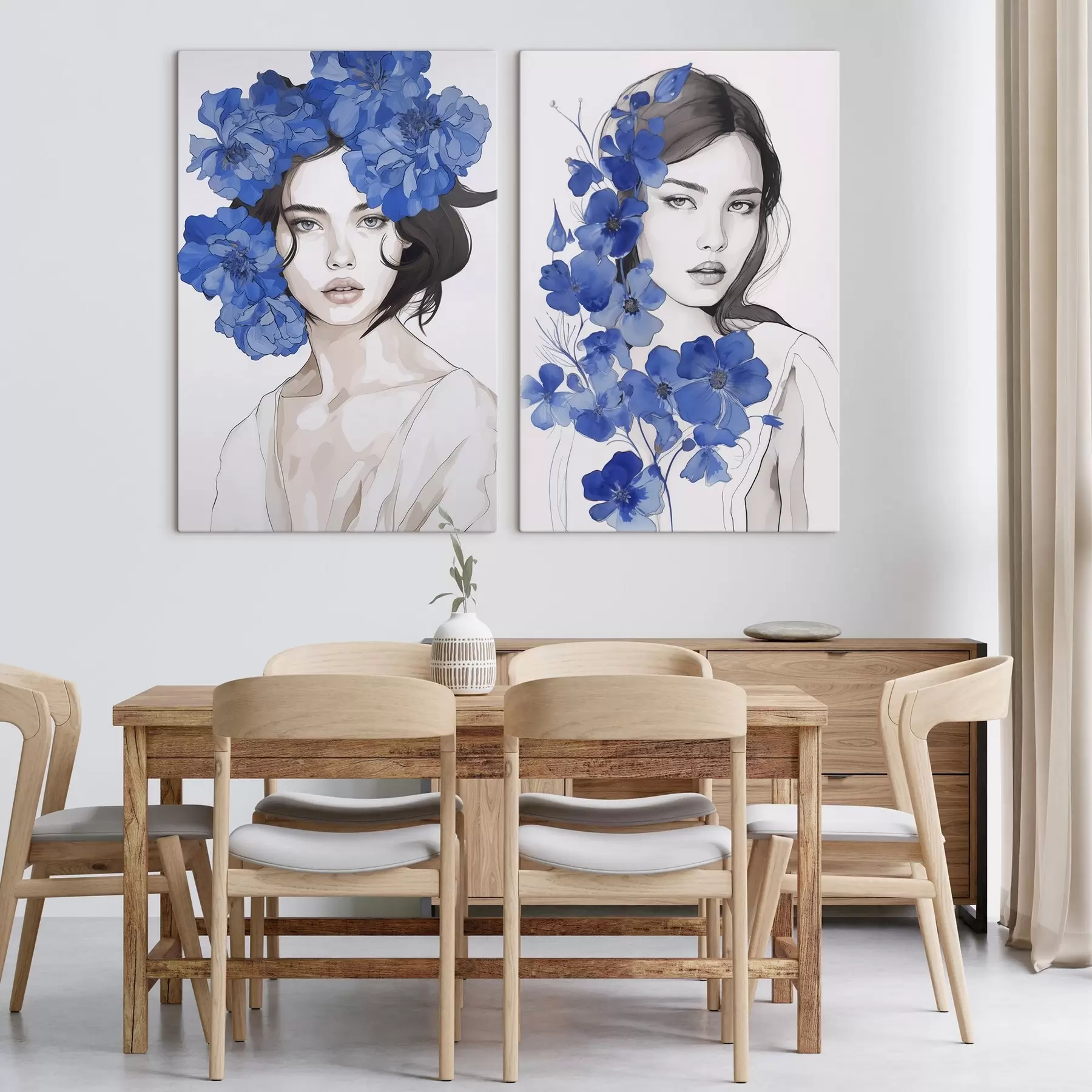 Glezna Meitenes portrets ar ziliem ziediem m00721