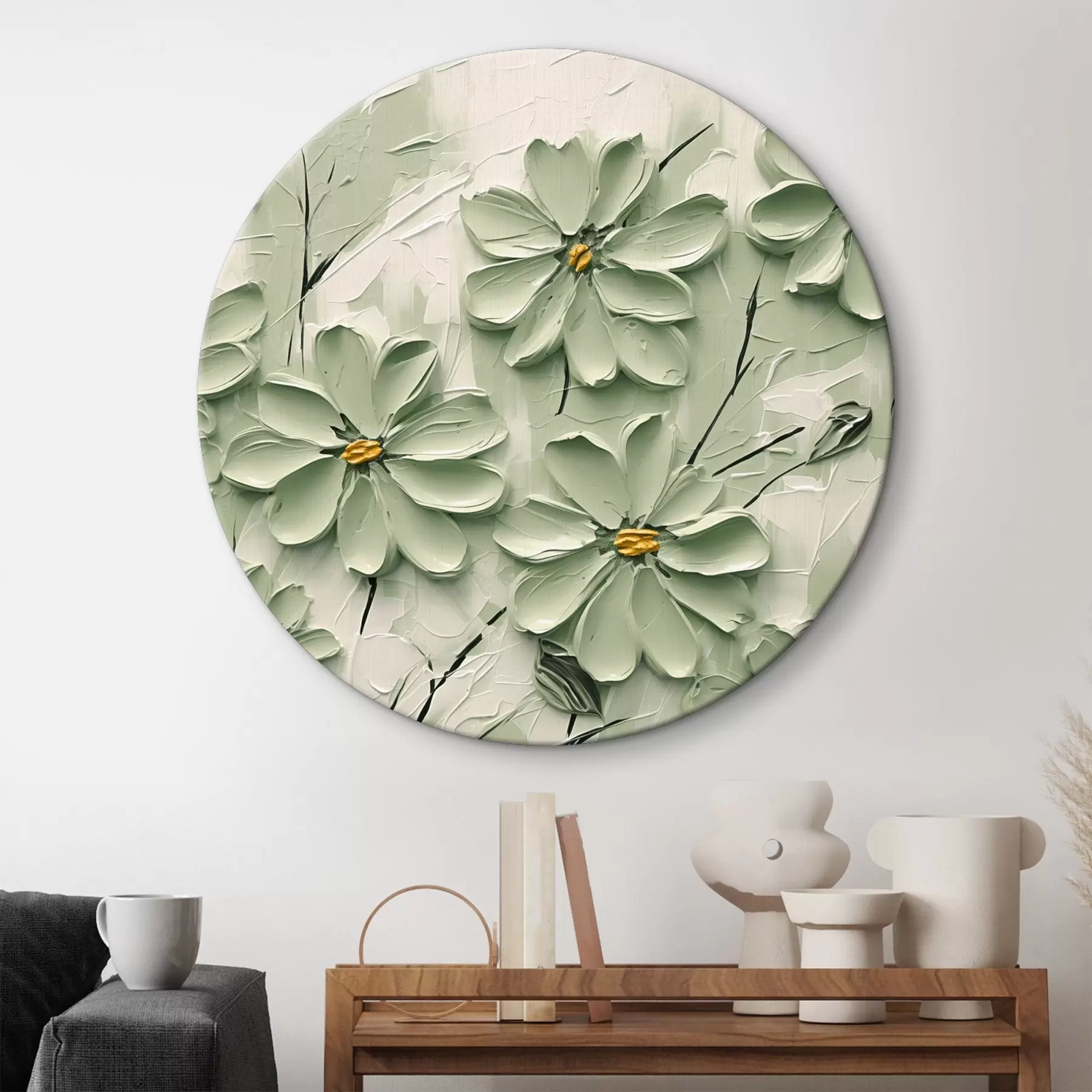 Glezna Zaļie ziedi ar dzelteniem centriem, kas uzgleznoti bieziem triepieniem uz gaiša fona r45265