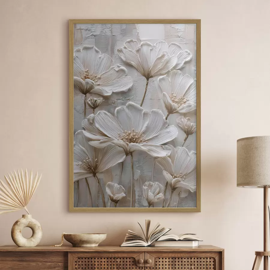 Fototapetes krēmkrāsas ziedi ar imitētu impasto stilu f45713