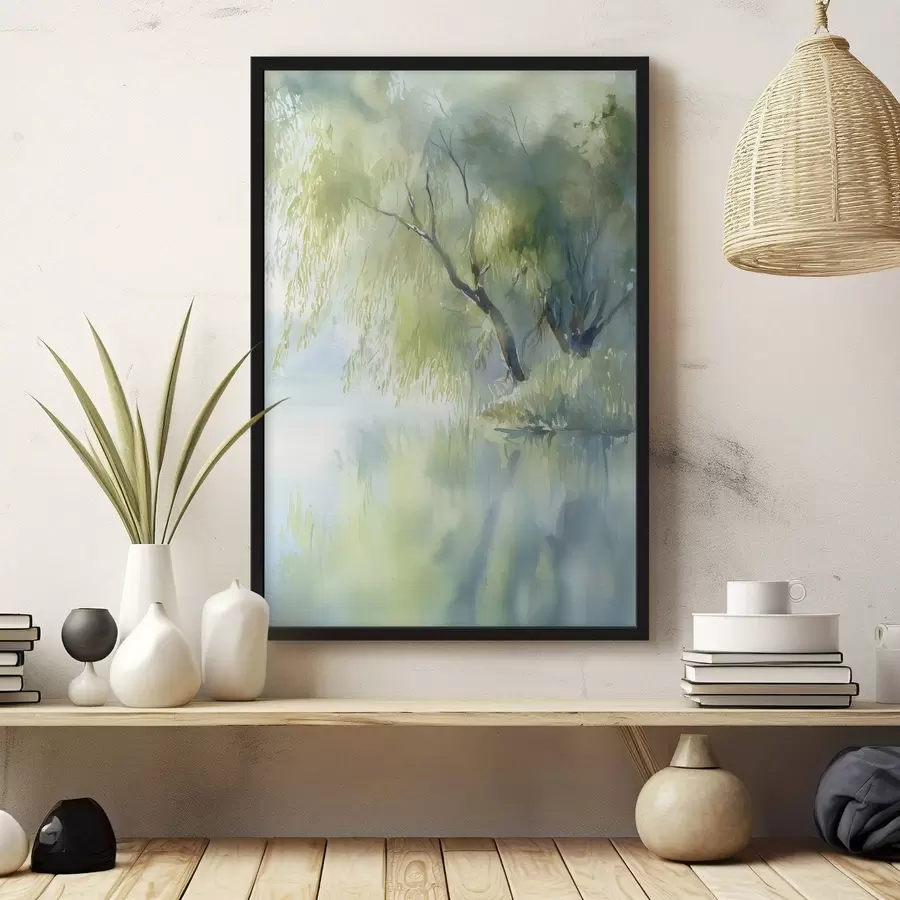 Fototapetes vītols ezera krastā akvareļa stilā f45715