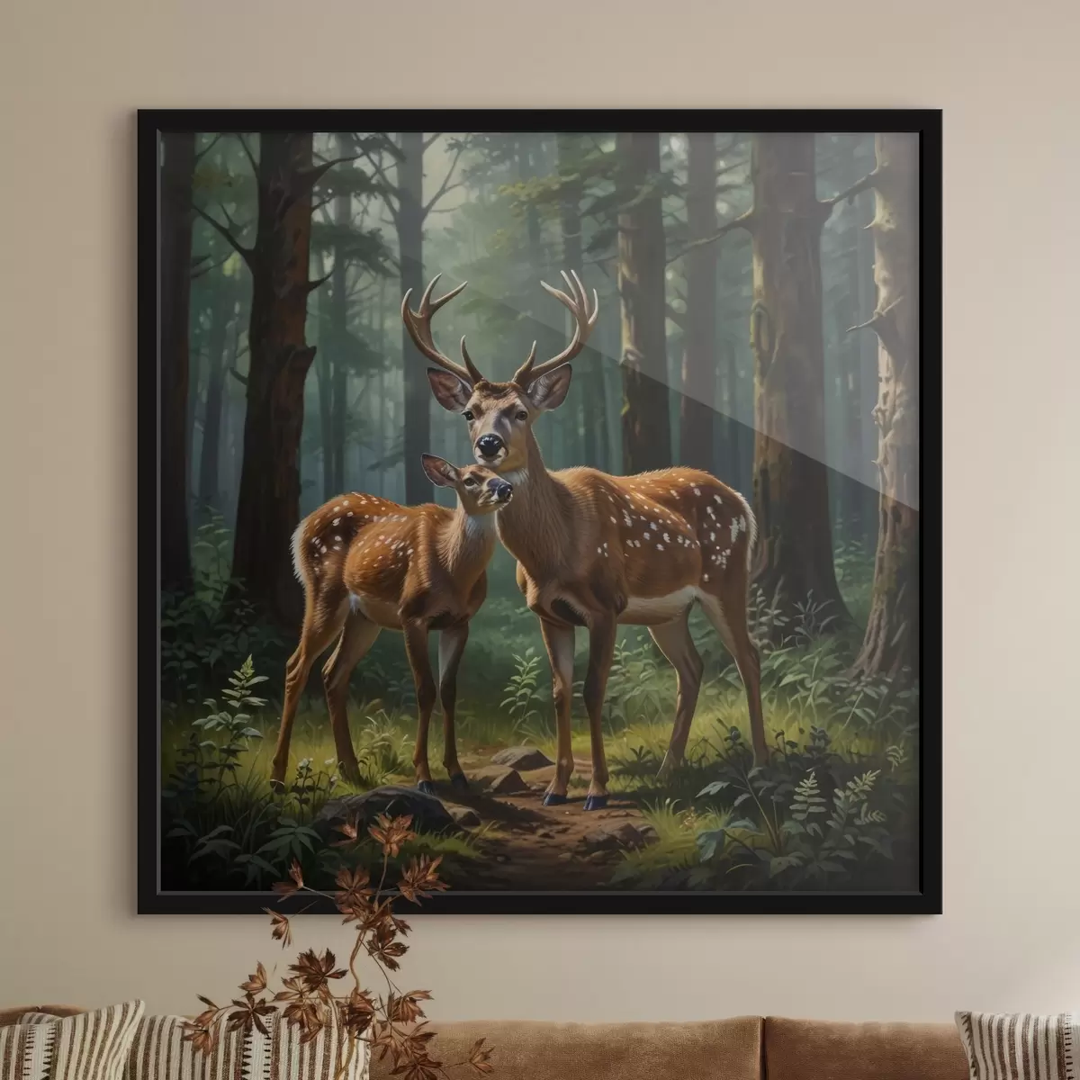 Plakāts briedis ar mazuli mežā f45732