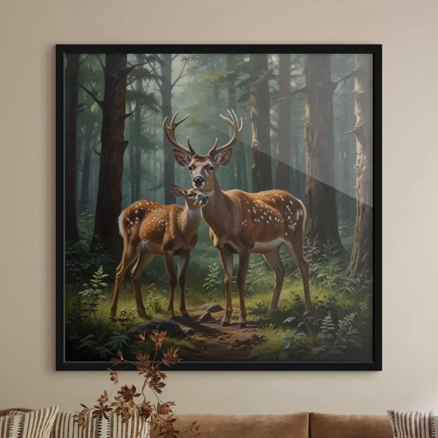 Fototapetes briedis ar mazuli mežā f45732